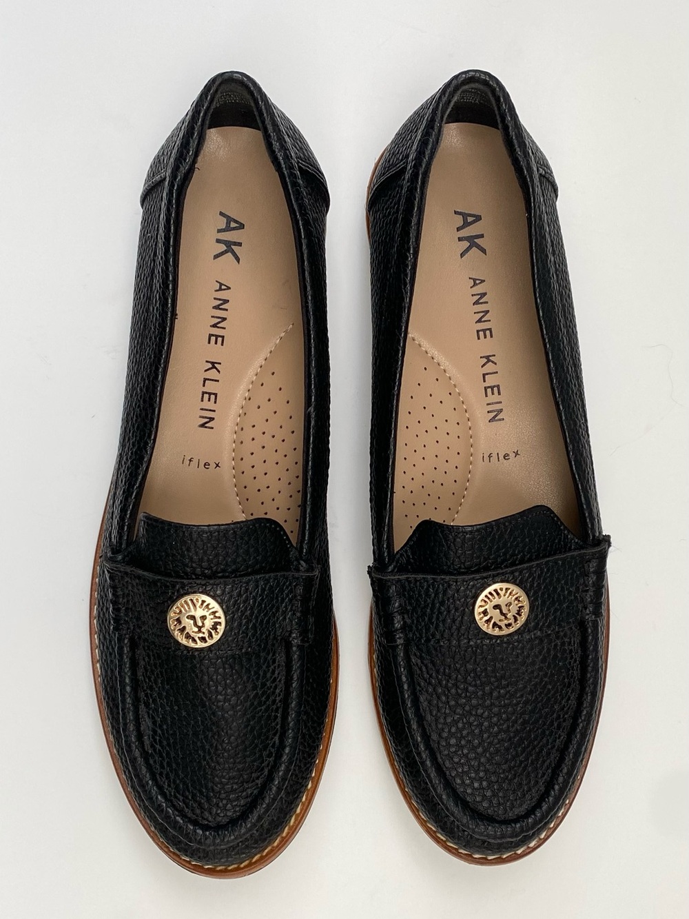Anne Klein Black Loafers with Gold Emblem